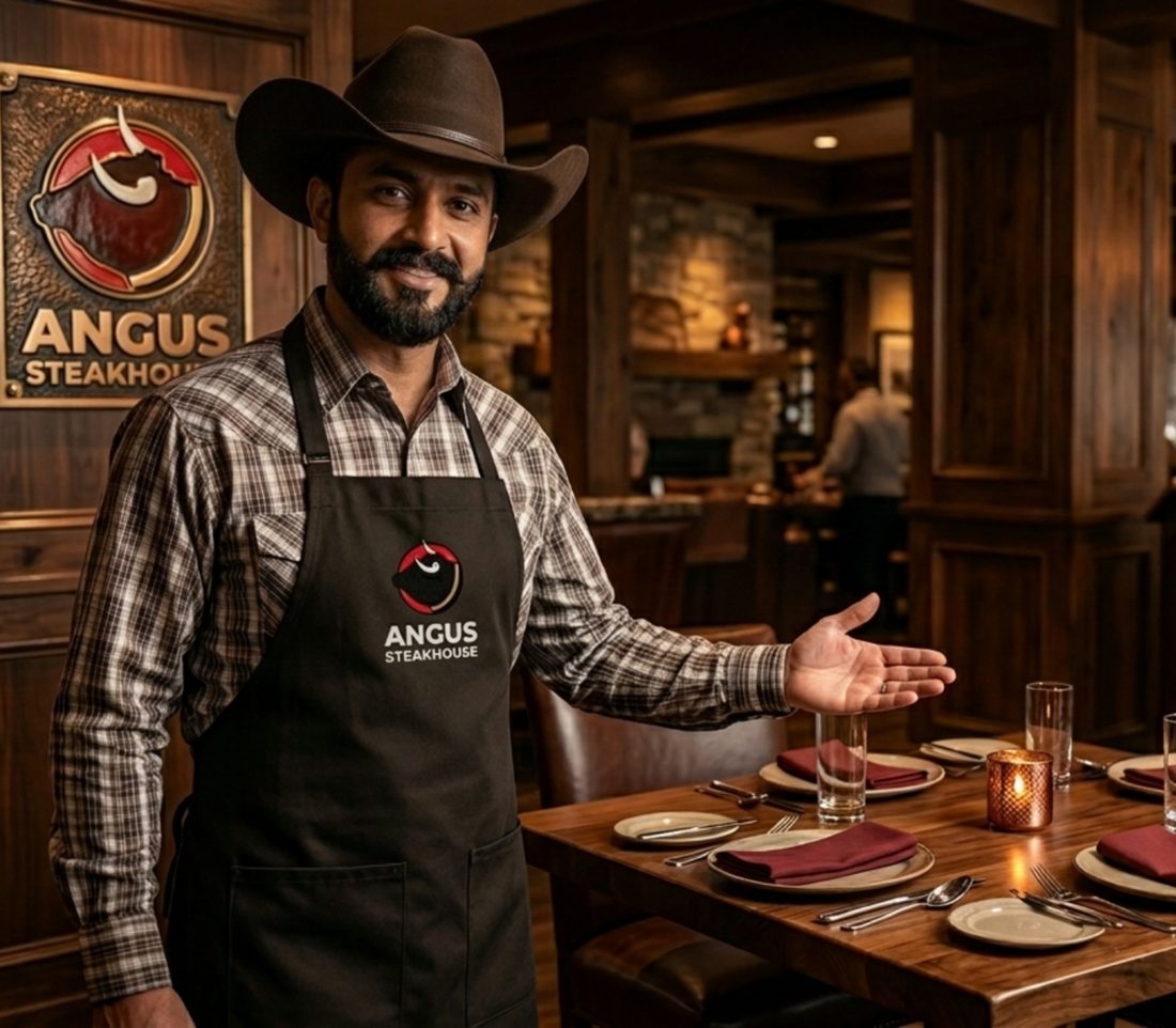 An Angus Steakhouse host welcoming guests to a set table